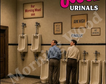 May include: A public restroom scene featuring two individuals standing at white porcelain urinals. The walls are adorned with framed signs reading For Morning Wood use, Wash Your Hands, AIM HIGH, and NO SMOKING. Text overlays read Morning Wood URINALS and FINALLY.