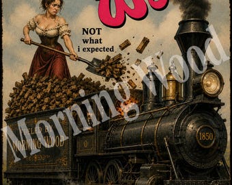 May include: A vintage-style metal sign featuring a steam locomotive labeled 1850, with a person shoveling wood into the engine. The text reads Morning Wood, Not what i expected, Fueled by Morning Wood, and Powering the day one load at a time.