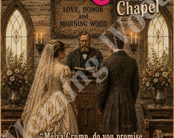 May include: A decorative sign featuring a wedding scene in a chapel with a bride and groom standing before an officiant. The text reads Morning Wood Chapel, LOVE, HONOR and MORNING WOOD, and Melva Crump, do you promise to Love Honor and polish John's wood?