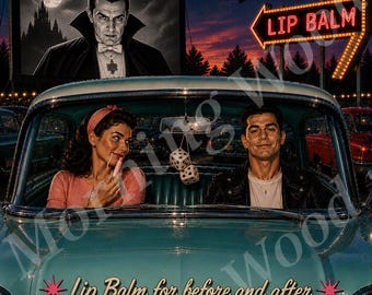 May include: A promotional graphic for Morning Wood lip balm featuring a teal 1957 Chevrolet at a drive-in theater. The image shows a couple in the car, a movie screen with a vampire, a neon sign, and the text: Morning Wood Lip Balm for before and after.