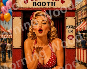 May include: A rectangular metal sign featuring a red and white polka dot halter top, a person with blonde hair and a red headband blowing a kiss, and text reading Morning Wood, Service Booth, Pucker Up, and Kisses Made Fresh Daily.