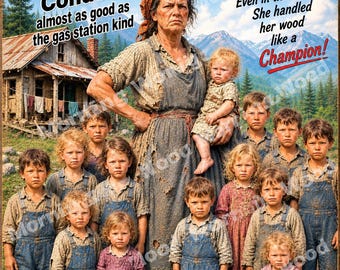 May include: A metal sign featuring a woman holding a child, surrounded by thirteen other children in front of a rustic cabin. Text reads: MORNING WOOD, Condoms, almost as good as the gas station kind, Even in the 1930s, She handled her wood like a Champion!, A REAL MOUNTAIN WOMAN AND HER 14 CHILDREN, Tough as Nails – Up at Dawn!