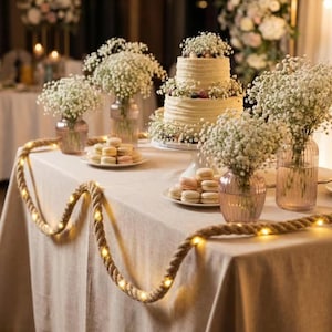 May include: A three-tiered white frosted cake decorated with baby's breath flowers, accompanied by plates of macarons, glass vases filled with baby's breath, and a thick rope garland with integrated warm white LED lights on a beige tablecloth.