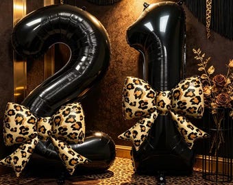 Black Leopard Number Balloon with Bow | Wild One Birthday Balloon | Safari Party Decor | 1st-100th Birthday | Jungle Theme Balloon