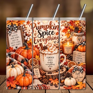 Könnte beinhalten: Ein zylindrischer Becher mit Strohhalm und herbstlichem Motiv. Der Druck zeigt Kürbisse, Herbstblätter, Zimtstangen, eine Tasse mit Schlagsahne sowie den Text Pumpkin Spice Everything und Cozy Sweaters Warm Drinks.
