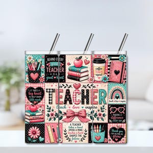 Teacher Tumbler Wrap PNG, Colorful Patchwork Teacher Design, 20oz Skinny Sublimation PNG, Teacher Appreciation Gift, Back to School