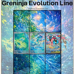 May include: A digital collection of three trading cards featuring the Greninja evolution line: Froakie, Frogadier, and Mega Greninja. The cards display extended, vibrant blue and green nature-themed artwork with starry skies and water effects.