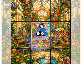 Può includere: Una stampa d'arte digitale intitolata Erika's Tangela che mostra un personaggio dai capelli scuri che riposa su una creatura blu coperta di viti in una serra. La scena include una fontana in pietra, sedie in legno e fiori colorati. Il testo recita Mythic Pocket Studio, Art Beyond The Binder, Erika's Tangela, Inspired Extended Art, 218/217, Ascended Heroes, Digital Download, 8 Individual Art Cards e High Resolution.
