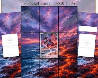 Può includere: Una visualizzazione di prodotto in download digitale con il testo MYTHIC POCKET STUDIO, GROUDON e Inspired Extended Art 9-Pocket Binder + 8x10 + PSA. Lo sfondo mostra un paesaggio vulcanico con colate di lava e un cielo viola al tramonto.