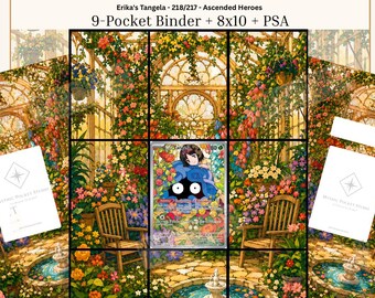 Può includere: Una stampa d'arte digitale Mythic Pocket Studio intitolata Erika's Tangela, con un layout a 9 tasche e una carta centrale del personaggio Tangela. L'opera raffigura una serra lussureggiante con una fontana in pietra, sedie e fiori.