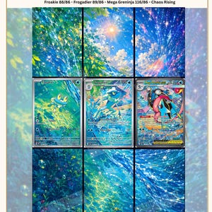 May include: A digital art collection titled Mythic Pocket Studio Greninja Evolution Line featuring extended art for Froakie 88/86, Frogadier 89/86, and Mega Greninja 116/86 Chaos Rising. The set includes six individual high-resolution art cards.