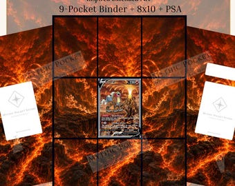 Può includere: Un download digitale con arte estesa ispirata a Entei V per raccoglitore a 9 tasche, display 8x10 e slab PSA. Il design mostra un paesaggio vulcanico infuocato con una grafica centrale della carta Entei V. Include file PDF a 300 DPI, US letter e A4.