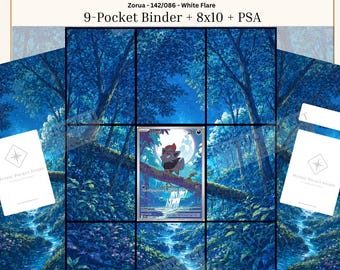 Può includere: Un'esposizione di arte digitale con Zorua Inspired Extended Art, Zorua - 142/086 - White Flare, 9-Pocket Binder + 8x10 + PSA. L'immagine mostra un personaggio Zorua centrale in una foresta blu, circondato da otto carte artistiche singole.