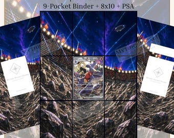 Può includere: Un download digitale con arte estesa ispirata a Cynthia's Garchomp per raccoglitori a 9 tasche, cornici 8x10 e lastre PSA. L'illustrazione mostra uno stadio con terreno roccioso, cielo notturno e una carta collezionabile centrale. Testo: Mythic Pocket Studio, 300 DPI, file PDF, US Letter, compatibile A4.