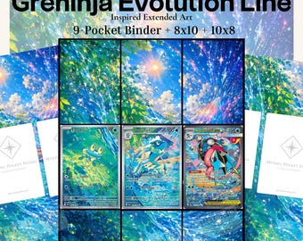 Può includere: Una collezione digitale intitolata Greninja Evolution Line di Mythic Pocket Studio con arte estesa per raccoglitore a 9 tasche, stampe 8x10 e 10x8. L'opera mostra Froakie, Frogadier e Greninja in una vivace scena acquatica illuminata dal sole.