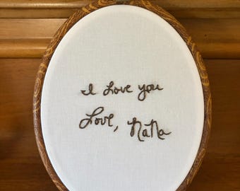 Cerchio per ricamo a mano, ricamo ricordo con scrittura a mano, cimelio di famiglia, cerchio per ricamo personalizzato con scrittura a mano, insegna ricamata