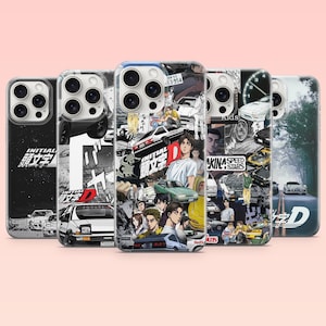May include: Five smartphone cases featuring Initial D anime graphics. The designs include black and white manga panels, various sports cars, and characters. The text Initial D and Japanese characters are visible on the cases, which have cutouts for camera lenses.
