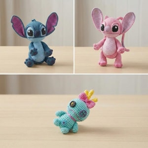 May include: Three handmade crochet dolls: a blue alien with large ears, a pink alien with large ears, and a light blue voodoo-style doll with a pink bow, yellow hair, and button eyes. Each figure is crafted with detailed yarn stitching.