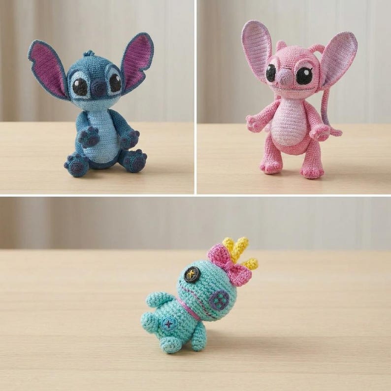 May include: Three handmade crochet dolls: a blue alien with large ears, a pink alien with large ears, and a light blue voodoo-style doll with a pink bow, yellow hair, and button eyes. Each figure is crafted with detailed yarn stitching.