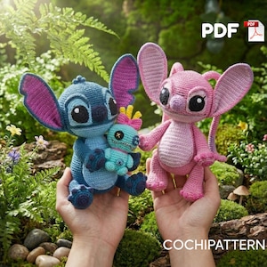 May include: Two crocheted figures, one blue with large ears holding a small turquoise doll and one pink with large ears, both featuring black eyes and stitched details. The image includes a PDF icon and the text COCHIPATTERN at the bottom.
