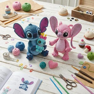 May include: Two handmade crochet dolls, one blue and one pink, featuring large ears and black eyes. The blue doll holds a small turquoise creature with a button eye. Surrounding them are yarn balls, crochet hooks, scissors, and a pattern book.