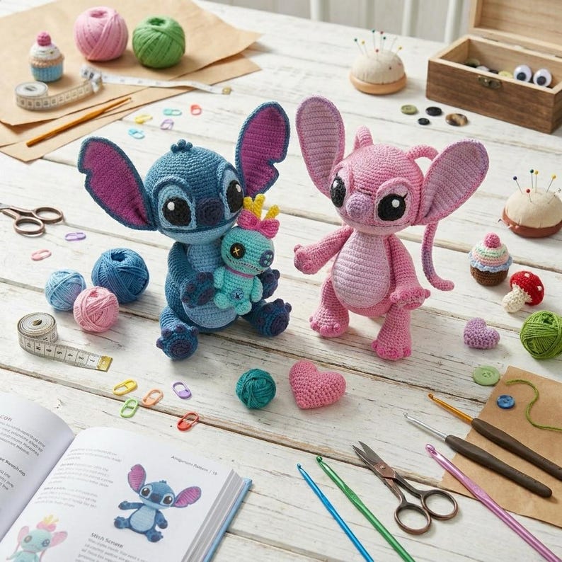 May include: Two handmade crochet dolls, one blue and one pink, featuring large ears and black eyes. The blue doll holds a small turquoise creature with a button eye. Surrounding them are yarn balls, crochet hooks, scissors, and a pattern book.