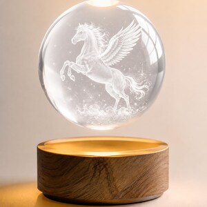 3D Pegasus Crystal Ball Lamp with LED Wooden Base, Adjustable Brightness Night Light, Fantasy Glass Sphere Gift, Bedroom Desk Decor