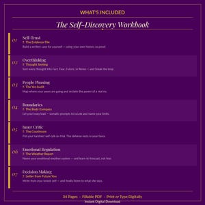 May include: A purple digital workbook titled The Self-Discovery Workbook, listing seven sections: Self-Trust, Overthinking, People Pleasing, Boundaries, Inner Critic, Emotional Regulation, and Decision Making, with 34 pages, fillable PDF, and digital download text.