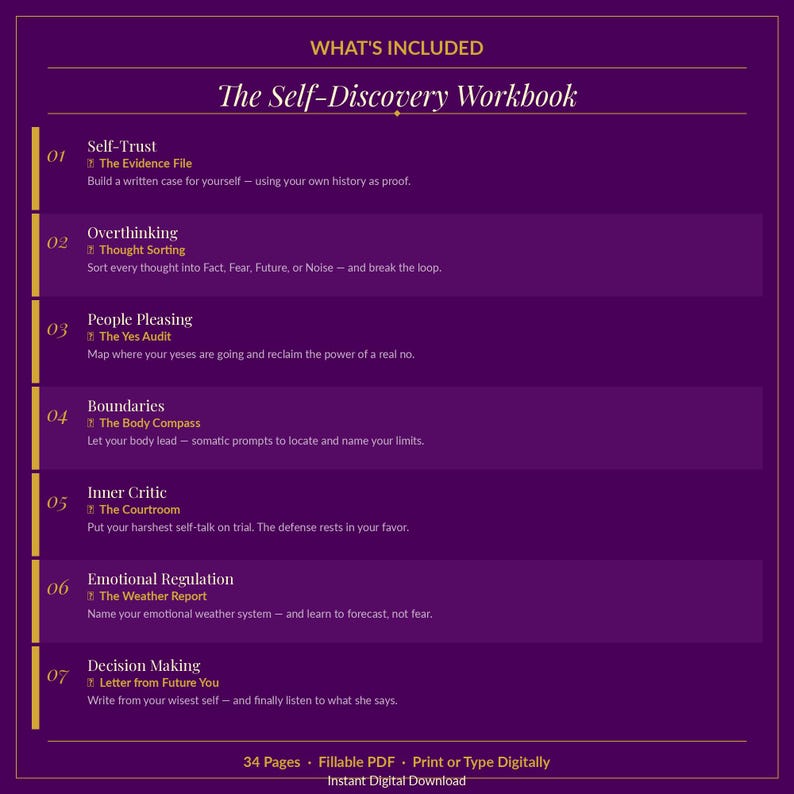 May include: A purple digital workbook titled The Self-Discovery Workbook, listing seven sections: Self-Trust, Overthinking, People Pleasing, Boundaries, Inner Critic, Emotional Regulation, and Decision Making, with 34 pages, fillable PDF, and digital download text.