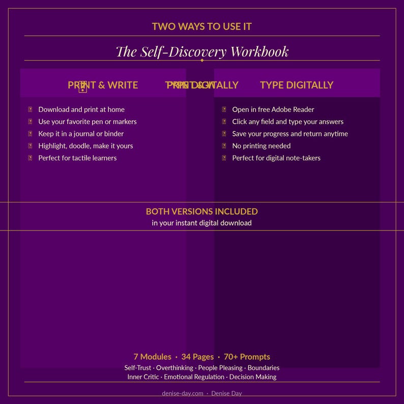 May include: A purple digital workbook titled The Self-Discovery Workbook with two usage methods: Print & Write or Type Digitally. It includes 7 modules, 34 pages, and 70+ prompts covering topics like self-trust, overthinking, and boundaries.