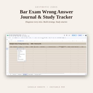 May include: A digital spreadsheet titled Bar Exam Wrong Answer Journal & Study Tracker with a beige and white color scheme. The interface displays a Multiple-Choice Wrong Answer Log for MBE and NextGen MC with columns for date, subject, and difficulty.