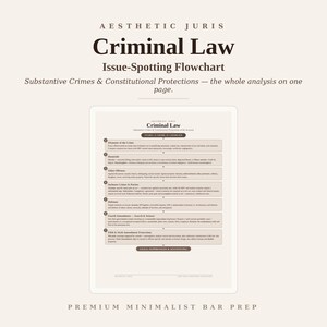 Könnte beinhalten: Ein Strafrechts-Flussdiagramm mit dem Titel Criminal Law Issue-Spotting Flowchart mit dunkelbraunem Text auf hellbeigem Hintergrund. Die Seite enthält eine strukturierte Liste juristischer Themen, darunter Straftatbestände, Tötungsdelikte, sonstige Straftaten und verfassungsrechtliche Schutzbestimmungen.
