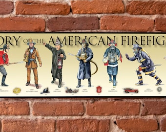 History of the American Firefighter Plaque Poster, Wildland, SCBA, Fire Hose, Fire Engine, Pumper, Rattle Watch, Turnout gear, Maltese cross