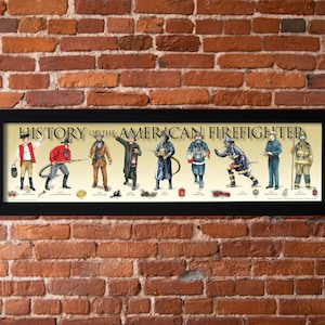 History of the American Firefighter Framed Poster, Wild land, SCBA, Fire Hose, Fire Engine, Pumper, Rattle, Turnout gear, Maltese cross, Axe