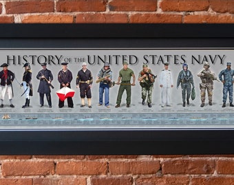 History of the US Navy Poster Framed 6 x 24, Sailor, Able Seaman, Aircraft, Carrier, USS Constitution, Navy pilot, Navy Seal, Seabee, Ship