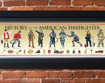 History of the American Firefighter Framed Poster, Wild land, SCBA, Fire Hose, Fire Engine, Pumper, Rattle Watch, Turnout gear, Maltese cros