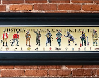 History of the American Firefighter Framed Poster, Wildland, SCBA, Fire Hose, Fire Engine, Pumper, Rattle Watch, Turnout gear, Maltese cross