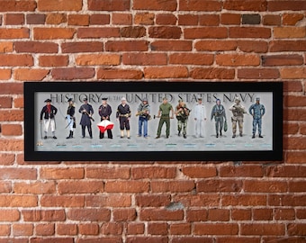History of the US Navy Poster Framed 6 x 24, Sailor, Able Seaman, Air Craft Carrier, USS Constitution, Navy pilot, Navy Seal, Seabee, Ship