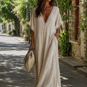 ivory flowy maxi dress White Cotton Linen | V Neck Lace Trim Boho Beach Summer Dress sequin long sleeve dress