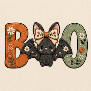 May include: An embroidered patch design featuring the word BOO with a black bat in the center. The letter B is orange with white and orange flowers. The letter O is green with white and orange flowers. The bat has a floral bow and small stars.