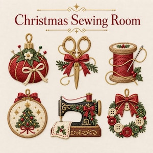 Può includere: Una collezione di sei icone natalizie da cucito ricamate con il testo Christmas Sewing Room. Include un puntaspilli rosso, forbici dorate con un fiocco rosso, un rocchetto di filo rosso con ago, un albero in un telaio, una macchina da cucire e una ghirlanda di bottoni.