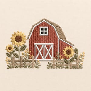 Könnte beinhalten: Ein Stickdesign mit einer roten Scheune mit weißer Tür und Fenster, umgeben von gelben Sonnenblumen mit braunen Mitten, grünen Blättern und einem braunen Holzzaun auf hellbeigem Hintergrund. Die Scheune hat ein strukturiertes Dach.