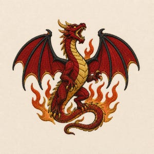 May include: An embroidered patch featuring a red dragon with gold scales on its chest and neck, wide wings with black outlines, and an open mouth. The dragon is surrounded by stylized orange and yellow flames on a plain off-white fabric background.