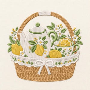 レモンティーポットバスケット花柄キッチンマシン刺繍デジタルダウンロードファイル