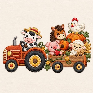 May include: An embroidered patch featuring a red tractor driven by a black and white cow wearing a straw hat. A wooden wagon attached to the tractor carries a brown horse, a pink pig holding a strawberry, a white sheep, and a white chicken.
