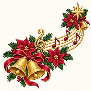 Puede incluir: Un diseño bordado que presenta dos campanas doradas atadas con una cinta roja, flores de pascua rojas, agujas de pino verdes, una clave de sol dorada, pentagramas dorados con notas musicales rojas y una estrella dorada arriba.
