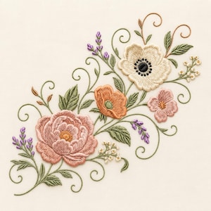 May include: An intricate floral embroidery design featuring a large dusty pink peony, a cream-colored anemone with a black center, an orange poppy, and a small pink flower, all accented by green leaves, purple lavender sprigs, and swirling vines.