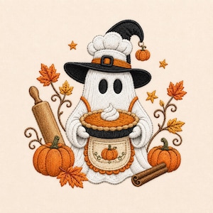 May include: An embroidered design featuring a white ghost wearing a black witch hat and an apron, holding a pumpkin pie. The scene includes a wooden rolling pin, orange pumpkins, autumn leaves, a cinnamon stick, and small stars.