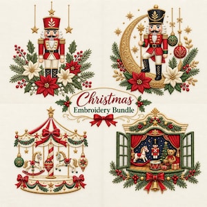Könnte beinhalten: Ein Weihnachts-Stickerei-Set mit vier verschiedenen Motiven: ein Nussknacker mit Weihnachtssternen, ein Nussknacker auf einer Mondsichel, ein Karussell mit Schaukelpferden und eine Fensterszene mit Nussknacker, Teddybär und Schaukelpferd.