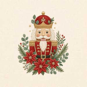Puede incluir: Un diseño de bordado de un cascanueces con uniforme rojo y corona dorada, rodeado de flores de pascua rojas, hojas de eucalipto verdes, ramas de pino y pequeñas bayas. El cascanueces tiene una barba y un bigote de color blanco.